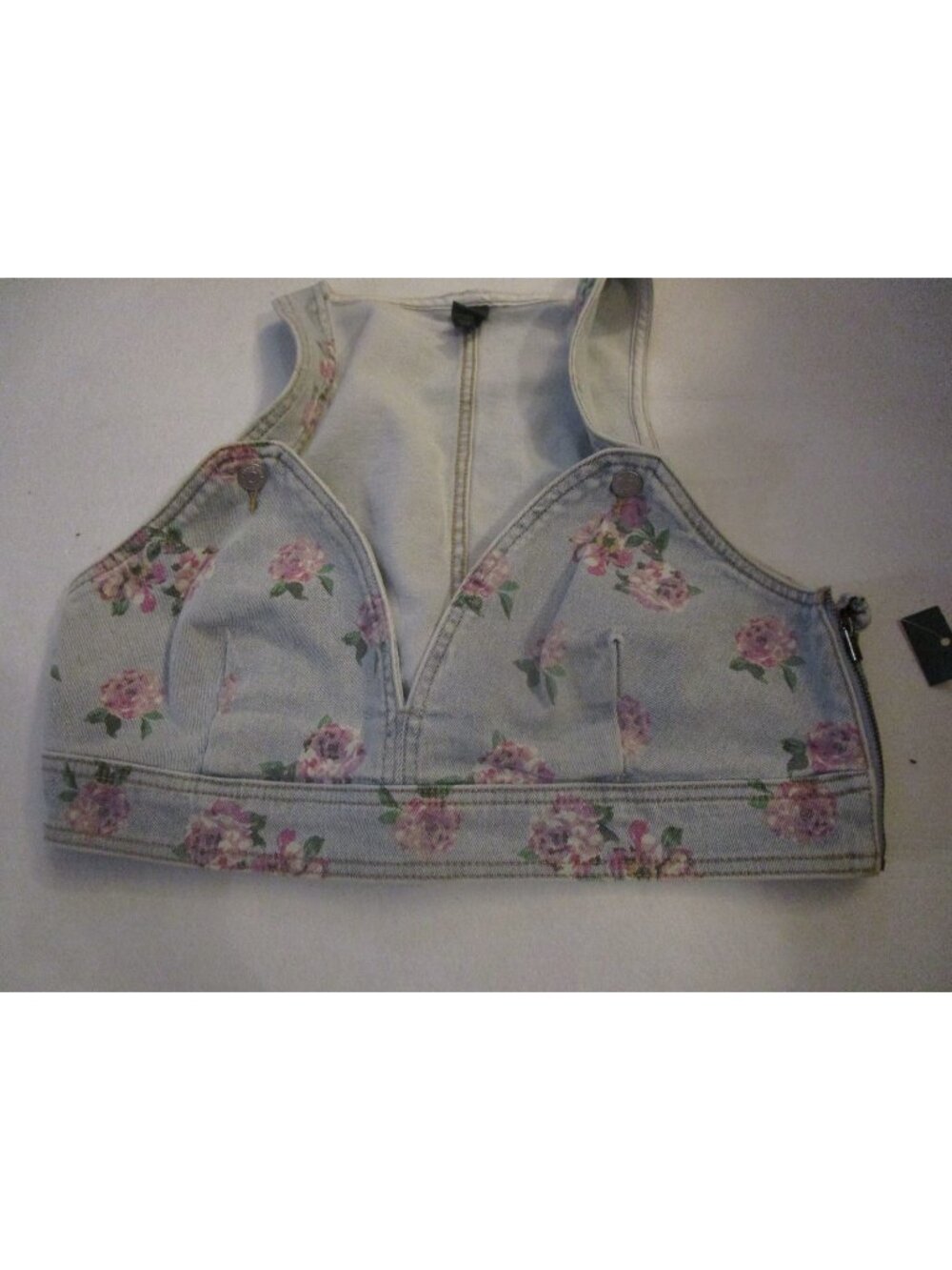 Wild Fable Cropped Denim Bralette Vest V-Neck Light Wash Floral Women's Large